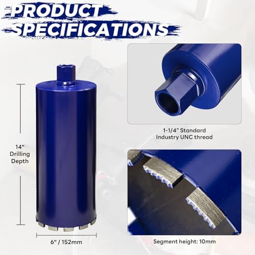 6 Inch Core Drill Bit for Concrete with Rebar - 14" Depth, Wet Use, 1-1/4"-7 UNC, Upgraded Welded Teeth for Brick, Block, Masonry, Stucco, Alsphalt - Great for DIY & Pros (152mm)