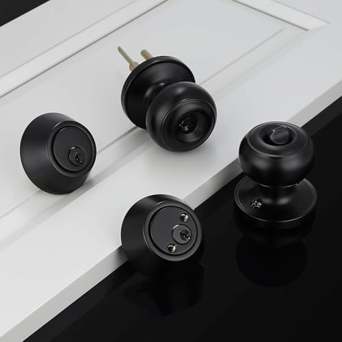 2 Pack Keyed Alike Entry Door Knobs and Double Cylinder Deadbolt Lock Combo Set, Matte Black Finished Door Lock Set, Round Style Door Knobs Deadbolt
