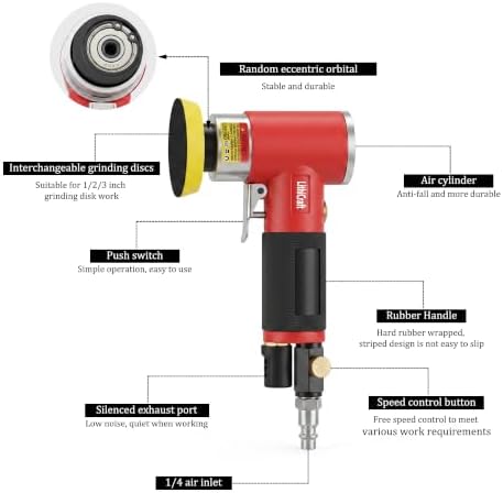 1/2/3 Inch Random Orbital Air Sander, Mini Pneumatic Detail Sander High Speed Air Powered Dual-Action Polisher, Hook & Loop Sanding Discs & Pads Kit for Auto Body Work, Metal, Wood