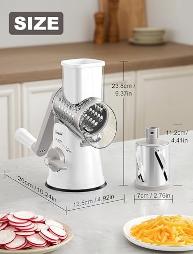 Geedel Rotary Cheese Grater Vegetable Shredder With 6 Interchangeable Blades No Slip Suction Base, Mandoline Slicer & Food Chopper for Cheese, Ice, Nuts, Vegetables, Veggie