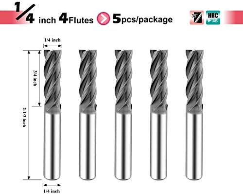 SPEED TIGER Micrograin Carbide Square End Mill - 4 Flute - ISE1/4 4T (5 Pieces, 1/4") - for Milling Alloy Steels, Hardened Steel, Metal & More – Mill Bits Sets for DIYers & Professionals