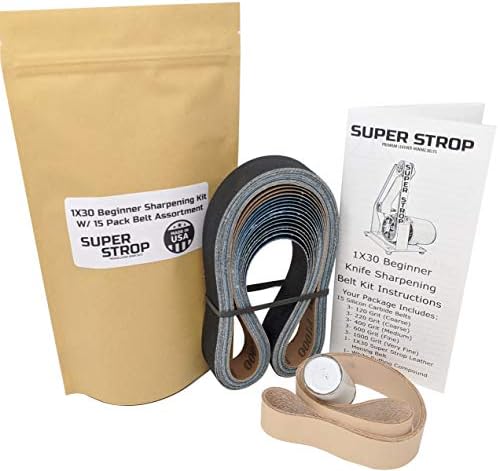 1X30 Super Strop Beginner Knife Sharpening Kit With 15 Pack Sanding Assortment and Leather Honing Belt - Detailed Instructions Included