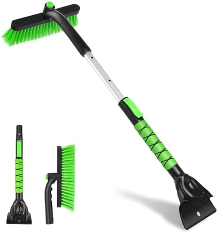 Snow Brush with Ice Scraper 33 inch, 2 in 1 Extendable Snow Removal for Cars with Foam Grip and 360° Pivoting Brush Head, Heavy Duty Snow Cleaner for Auto Truck SUV