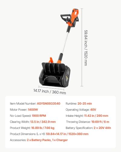 VEVOR Electric Snow Shovel 40V 13.5" Battery-Powered Cordless Snow Blower
