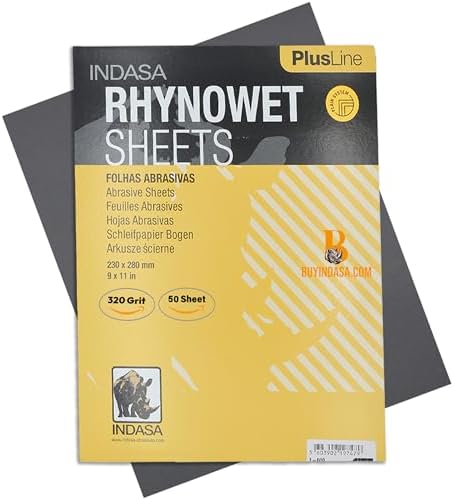 Indasa 50 PCS 9x11” Wet & Dry Sandpaper Sheets, 320 GRIT, Rhynowet Clog-Resistant Abrasive for Wood, Metal, Auto, Paint & Clear Coat Finishing, Sand Paper Aluminum Oxide, Plusline