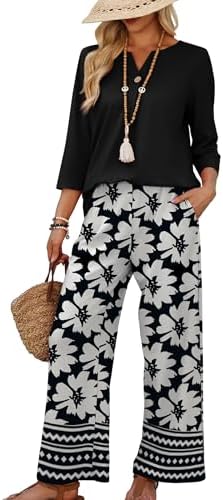 WIHOLL Two Piece Sets for Women 3/4 Length Sleeve Lounge Sets Summer Spring Vacation Travel Outfits Fashion Clothing