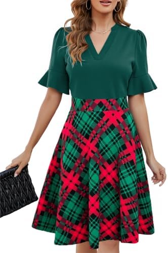 Mokayee Womens Summer V Neck Ruffle Short Sleeve Fit and Flare Knee Length Church Wedding Guest Dresses with Pockets