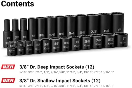 Capri Tools 3/8 in. Drive Shallow and Deep Impact Socket Set, 12-Point, SAE, 5/16 to 1 in., 24-Piece with Black Billet Aluminum Socket Rail
