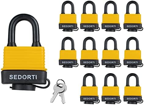 SEDORTI Colored Waterproof Padlocks, Yellow-Covered Laminated Steel Lock, Same Color with Same Key, Keyed Alike Outdoor Locks, Can Be Used as Lockout Tagout Lock, Long Padlocks, Pack of 12