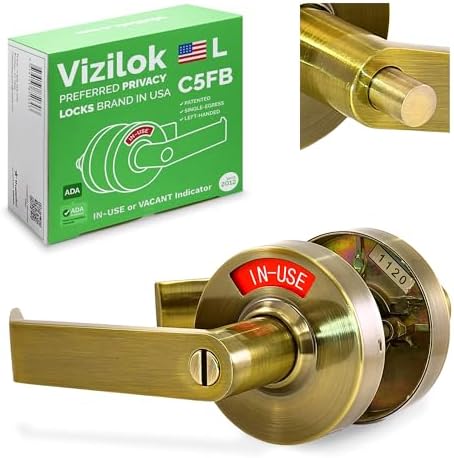 VIZILOK ADA Compliant Indicator Privacy Lock C5FB-L- Commercial Grade Left Handed Non Reversible in-USE or Vacant Occupancy Indicator Push Button Lock and Lever - Antique Brass