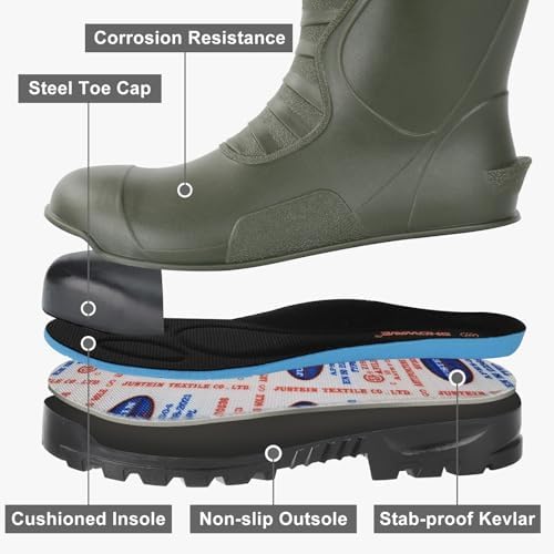 Showave Men's Rubber Boots Steel Toe Rain Boot Construction Waterproof Boot