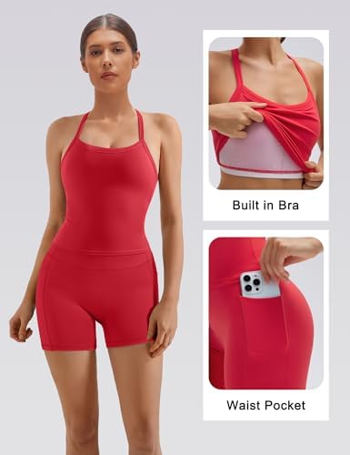 SUUKSESS Women 2 Piece Workout Sets High Waisted Biker Shorts with Pockets Built in bra Racerback Tank Tops