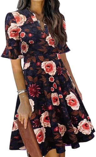 Mokayee Womens Summer V Neck Ruffle Short Sleeve Fit and Flare Knee Length Church Wedding Guest Dresses with Pockets
