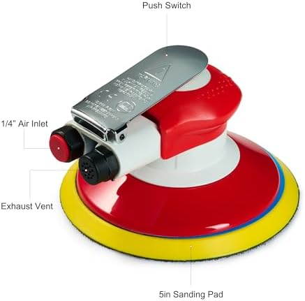 Professional Random Orbital Air Sander 6" Pneumatic Palm Sander DA Sander, Low Noise Reduction, 12000 RPM, Hook & Loop, for Auto Body, Car Detailing, Wood, Metal Polishing & Buffing