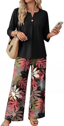 WIHOLL Two Piece Sets for Women 3/4 Length Sleeve Lounge Sets Summer Spring Vacation Travel Outfits Fashion Clothing