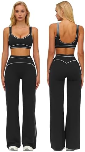 ABOCIW Two Piece Workout Sets for Women Racerback Tank Top Matching High Waist Wide Leg Yoga Pants Pilates Outfits