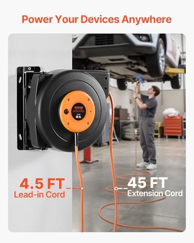 VEVOR Retractable Extension Cord Reel 45 FT 12AWG/3C SJTOW Cord Heavy Duty
