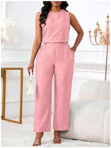 Floerns Women's 2 Piece Sets Dressy Outfits Bussiness casual Crew Neck Sleeveless Blouse and Elegant Pants Set