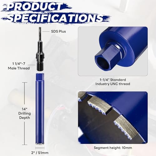 2" Concrete Core Drill Bit with SDS Plus Adapter(1-1/4"-7 Thread) - 14" Cutting Depth & Upgraded Welded Teeth Core Bits for Concrete with Rebar, Brick, Masonry,Stucco,Mortar,Wet Coring