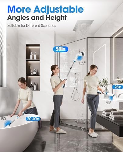 Electric Spin Scrubber, Electric Scrubber for Cleaning, 1200 RPM Shower Scrubber, 50inch Long Handle Electric Cleaning Brush 2000mAh Battery Cordless Power Spin Scrubber with 8 Brushes