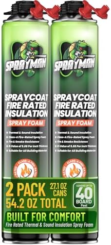 Sprayman Spraycoat Fire Rated Spray Foam Insulation 40 Sq Ft (2x27.1oz) High R-Value (11.32 / 2in) Heat & Noise Reduction, Closed Cell Polyurethane Foam Sealant - Gun & Cleaner NOT Included, 2 Pack