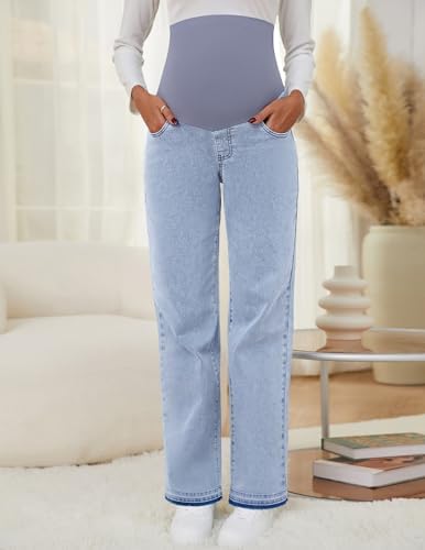 fitglam Women's Maternity Jeans Straight Leg Relaxed Fit Over Belly Pregnancy Denim Work Pants Maternity Clothes with Pockets