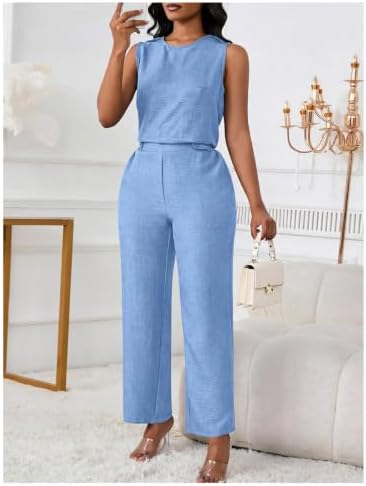 Floerns Women's 2 Piece Sets Dressy Outfits Bussiness casual Crew Neck Sleeveless Blouse and Elegant Pants Set