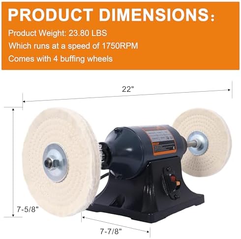 Bench Buffer Polisher Motor with 8 Inch Dual Buffering Wheels-4 Pole motor, Includes 4PCs 80Ply Thic Buffing Wheels for Buffing Metal, Jewelry, Wood, Jade, and Plastic Parts