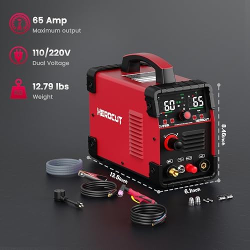 Plasma Cutter, 65Amps HEROCUT Plasma Cutter Machine CUT65i, Non-Touch Pilot Arc, 110/220V Dual Voltage IGBT Inverter, Screen Display, Air Sensor, 20mm Max Cutting Thickness, 2T/4T for Beginners DIY