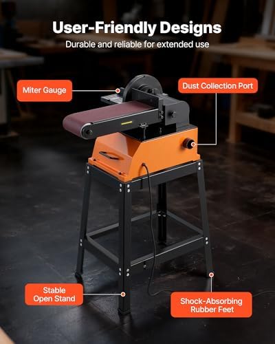 VEVOR Professional Belt Sander with Stand, 9" Disc & 6" x 48" Belt Sander Combo, 800W Sanding Machine with 0-45° Adjustable Worktable for Woodworking, Furniture Refinishing, Knife Sharpening