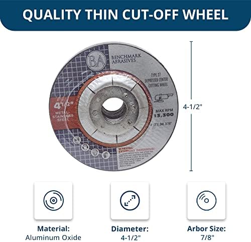 Benchmark Abrasives Grinder Cut Off Wheels 4 1/2 Inch Aluminum Oxide Depressed Center Thin Type 27 for Metals, .040" Thick 7/8" Arbor, Angle Grinder Cutting Disc, Grinding Cutting Wheel - 50 Pack