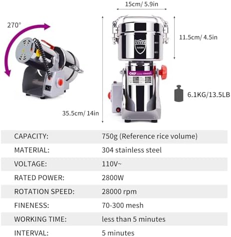 750g Grain Mill, 304 Stainless Steel Spice Grinder, 2800W High-speed Commercial Flour Mill, Superfine Flour Mill Grinder for Home, Grain Mill for Flour