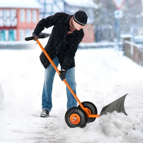 Outsunny Snow Shovel with Wheels Snow Pusher 29" Blade 10" Wheels Orange