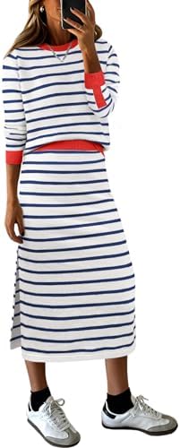 ANRABESS Women 2 Piece Striped Sweater Skirt Set