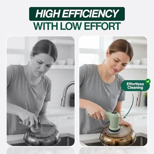 SonicPower Electric Spin Scrubber – Handheld & Ergonomic, IPX7 Waterproof, 4 Multi-Purpose Brush Heads, Long-Lasting Rechargeable Battery – Cleans Dishes, Bathroom, Tile, Grout & Kitchen (Sage)