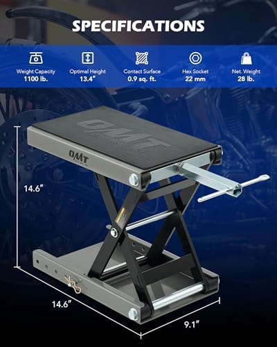 OMT Motorcycle Lift, 1100lb Scissor Jack Stand for ATV Dirt Bike Cruiser | Wide Deck Motorbike Center Stand; Crank Hoist T Handle And 3/8 Inch Socket; 3.7 To 14.6 Inch Lift; 5 Lock Holes; Chain Brush