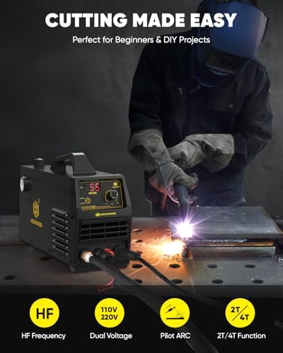 H HZXVOGEN Plasma Cutter 55A Non Touch Pilot Arc Plasma Cutters 110/220V Dual Voltage, Digital Display DC IGBT Inverter HF Air Plasma Cutting Machine, 1/2" Clean Cut 4/5" Max Cutting & 2T/4T(HVC55)