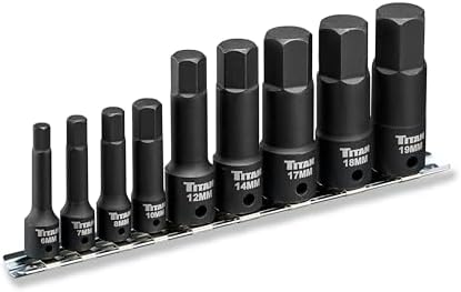 Titan 49011 9-Piece Impact Metric Hex Bit Socket Set, Sizes 6mm thru 19mm, S2 and 6150 Alloy Steel, Extra-long Design for Greater Reach and Access, Metal Storage Rail