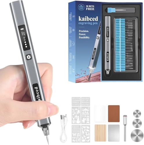 Kaibced Cordless Engraving Pen with 48 Kits & LED Screen, 5-Speed Engraver Pen for Metal, Wood, Glass, Plastic & All Materials, USB Rechargeable Craft Gift for Teens, Adults and Beginners, Metallic