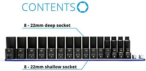 Capri Tools 3/8 in. Drive Metric Shallow and Deep Impact Socket Set with Billet Aluminum Socket Rail (30-Piece), 8-22 mm, CP53000-30MSDR