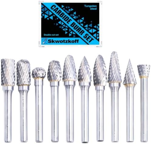 10PCS Tungsten Carbide Burr Set, 3/8" Head 1/4" Shank HRA90 Rotary Burr Bits, for Metal Grinding, Wood Carving, Deburring,Engraving, Drilling