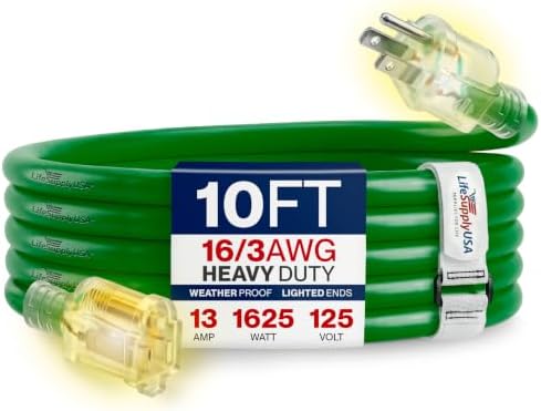 10ft Outdoor/Indoor Extension Cord 16/3 Gauge Heavy Duty 3 Prong SJTW, Waterproof, Flexible Cold-Resistant Long Power Cord,13A 125V 1625W, Green by LifeSupplyUSA