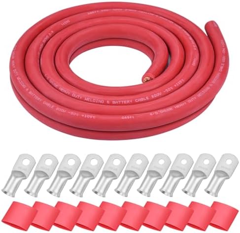 iGreely 4/0 Gauge Wire, 20 Feet Red 4/0 AWG Flexible Welding Battery Copper Cable for Automotive Inverter Solar system RV, 5pcs 5/16""&5pcs 3/8"" Copper Terminal Cable Lug+Heat Shrink Tubing