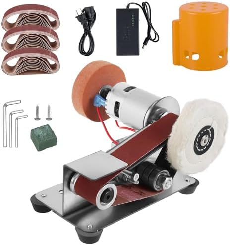 Mini Belt Sander Multifunctional Electric Belt Grinder 7 Adjustable Speed Electric Polishing Sharpener Machine Heavy Duty Stainless Steel Small Electric Sander with 30 Sanding Belt for Metal