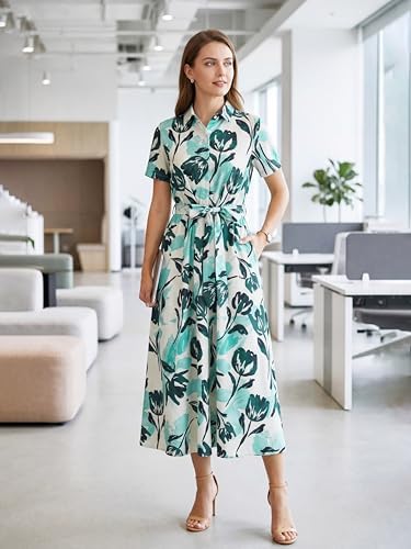 Newshows Women's Work Business Casual Outfits Tie Waist Midi Shirt Dress