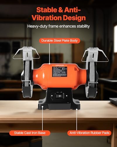 VEVOR Bench Grinder, 8-inch Single Speed, 3450RPM High-Speed Table Grinders with 750W 6.2A 1.0Hp Induction Motor, 36/60-Grit Grinding Wheel & Adjustable Eye Shield for Fast Sharpening Grinding
