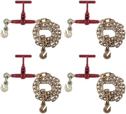 4 Pack 5/16"-3/8" Durabilt T-Handle Ratchet Chain Binder with 6' Chain Extension & Grab Hooks - 7,100 lbs WLL Heavy Duty Tie Down Hauling Load Chain Binders for Flatbed Trailer
