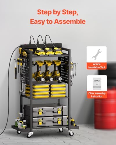 VEVOR 4-Tier Tool Organizer Cart with Charging Station, 8 AC Outlet, Floor Stand Rolling Drill Holder and Tool Battery Storage Rack on Wheels, Garage Floor Rolling Storage Cart for Workshop, Garage