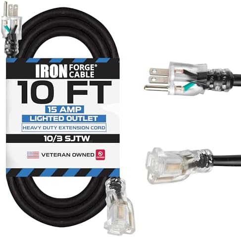 Iron Forge Cable 10 Gauge Extension Cord Heavy Duty, 10 Ft - Black SJTW