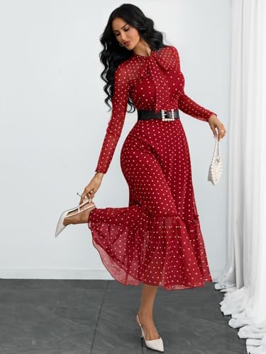 GothDark Polka dot Dress for Women Tie Neck Bow Ruffle Fall Vintage Dress